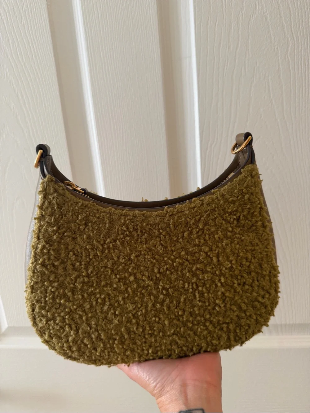 Tory Burch Olive Sherpa Shoulder Bag with Gold Logo